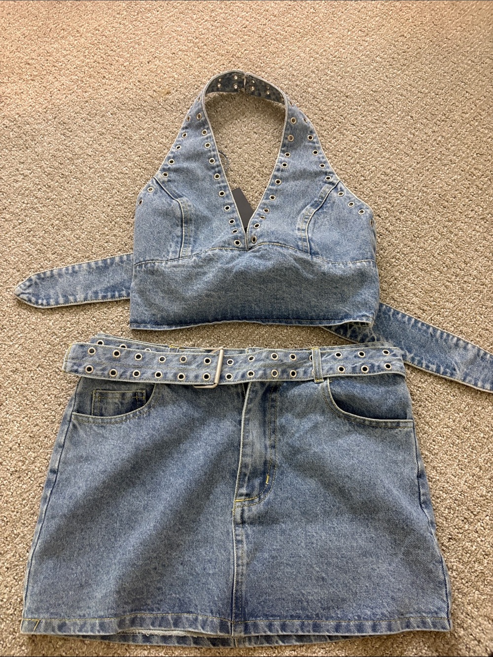 Denim Grommet Halter Crop Top + Mini Skirt Set. New with tags. Both size small